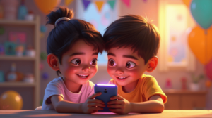 Duas crianças segurando um celular, se olhando e sorrindo um para o outro.